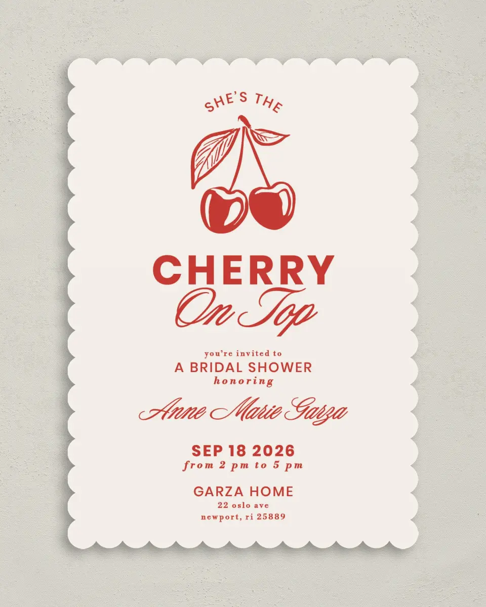 This is a 5" x 7" Bachelorette Party Invitation called Cherry on Top printed in full color with Rose Gold foil on Luxe Satin (coated) paper