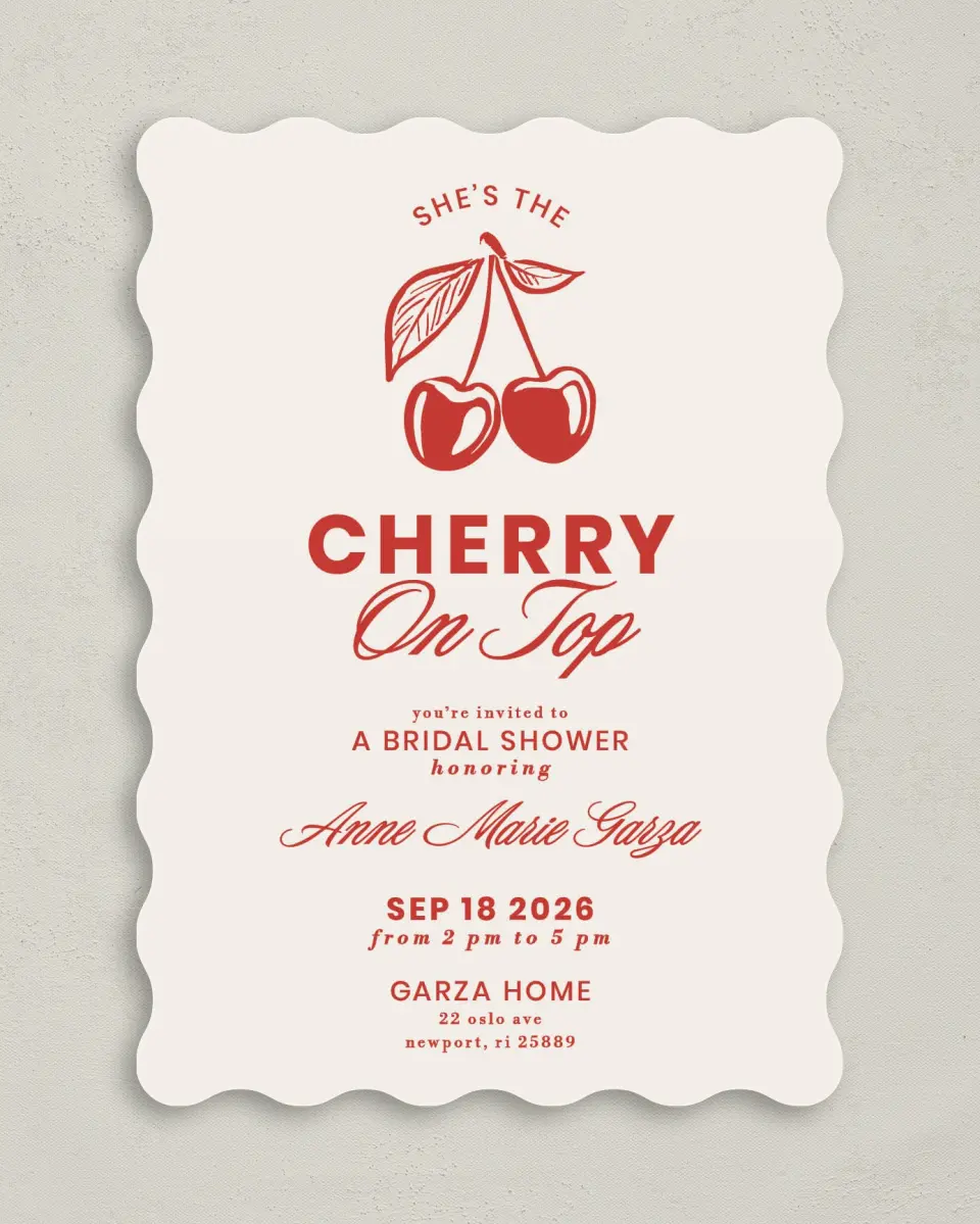 This is a 5" x 7" Bachelorette Party Invitation called Cherry on Top printed in full color on Premium Smooth paper