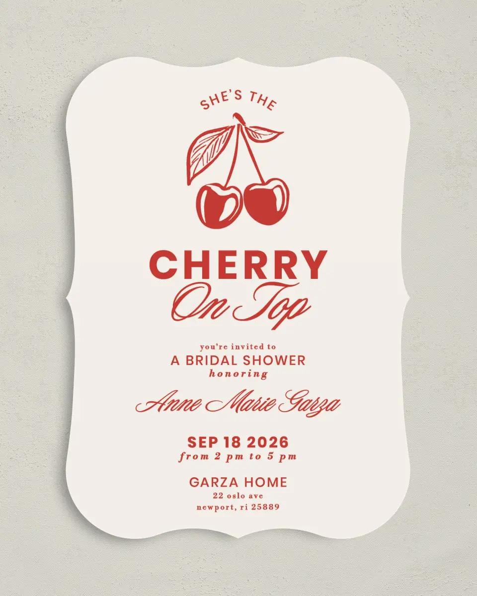This is a 5" x 7" Bachelorette Party Invitation called Cherry on Top printed in full color on Premium Smooth paper