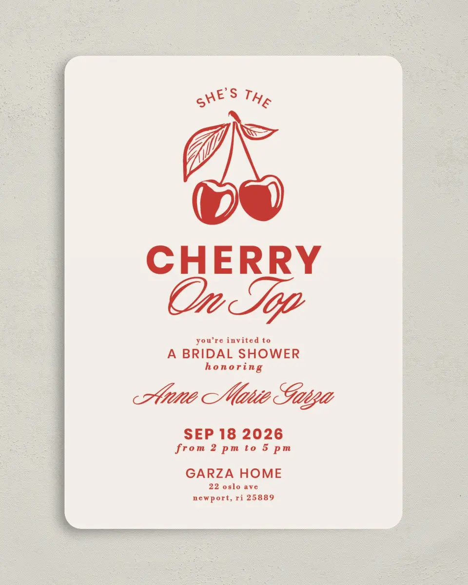 This is a 5" x 7" Bachelorette Party Invitation called Cherry on Top printed in full color on Premium Smooth paper