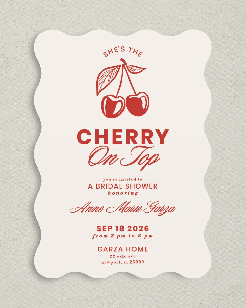 This is a 5" x 7" Bachelorette Party Invitation called Cherry on Top printed in full color with Rose Gold foil on Luxe Satin (coated) paper