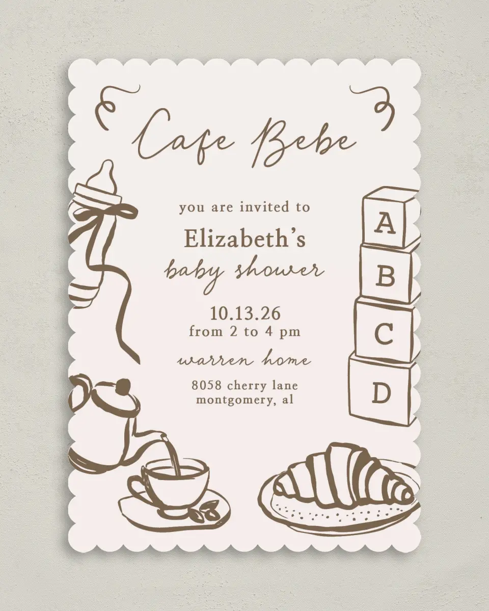 This is a 5" x 7" Baby Shower Invitation called Cafe Bebe printed in full color on Premium Smooth paper