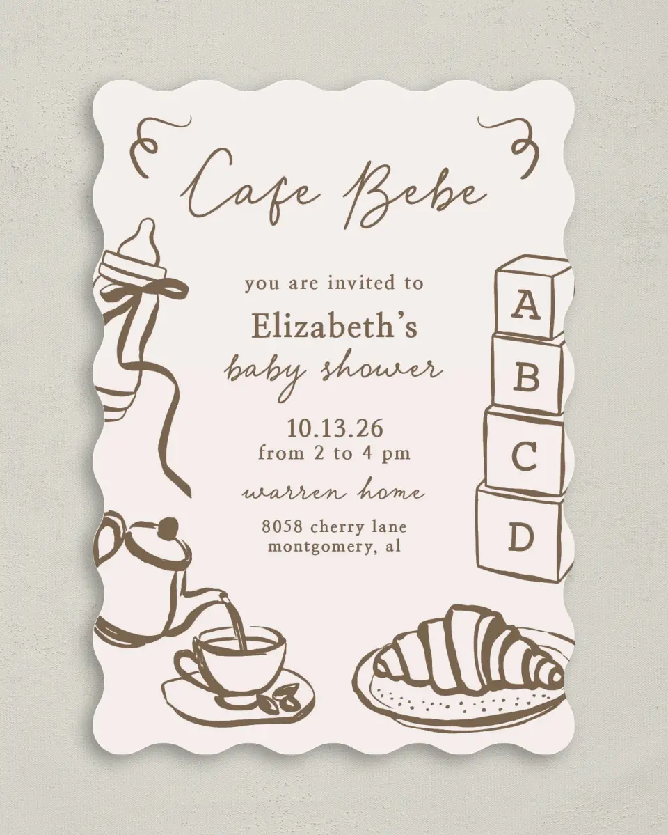 This is a 5" x 7" Baby Shower Invitation called Cafe Bebe printed in full color on Premium Smooth paper