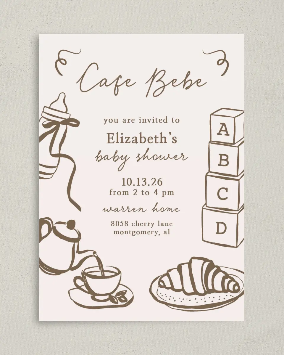 This is a 5" x 7" Baby Shower Invitation called Cafe Bebe printed in full color on Premium Smooth paper