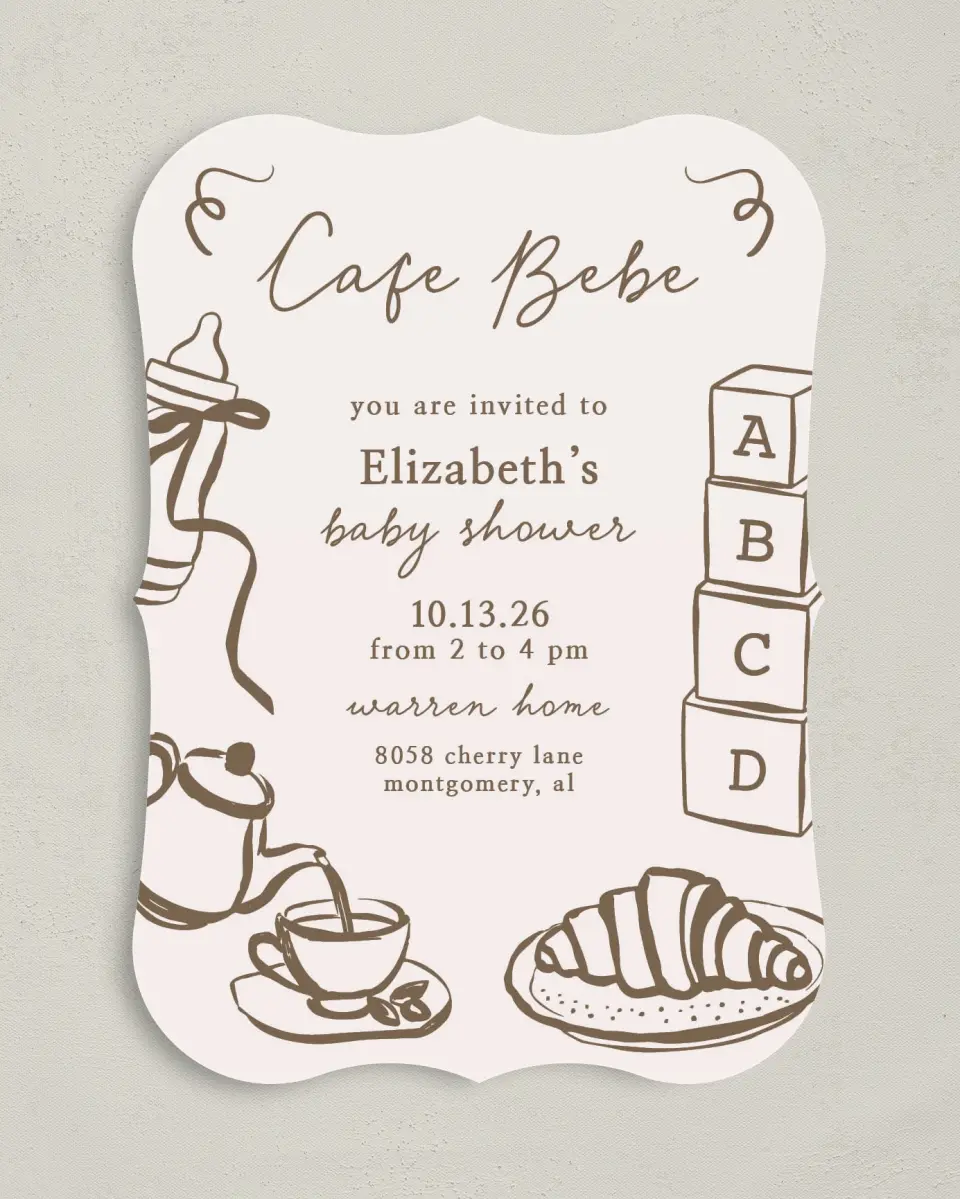 This is a 5" x 7" Baby Shower Invitation called Cafe Bebe printed in full color with Gold foil on Luxe Satin (coated) paper