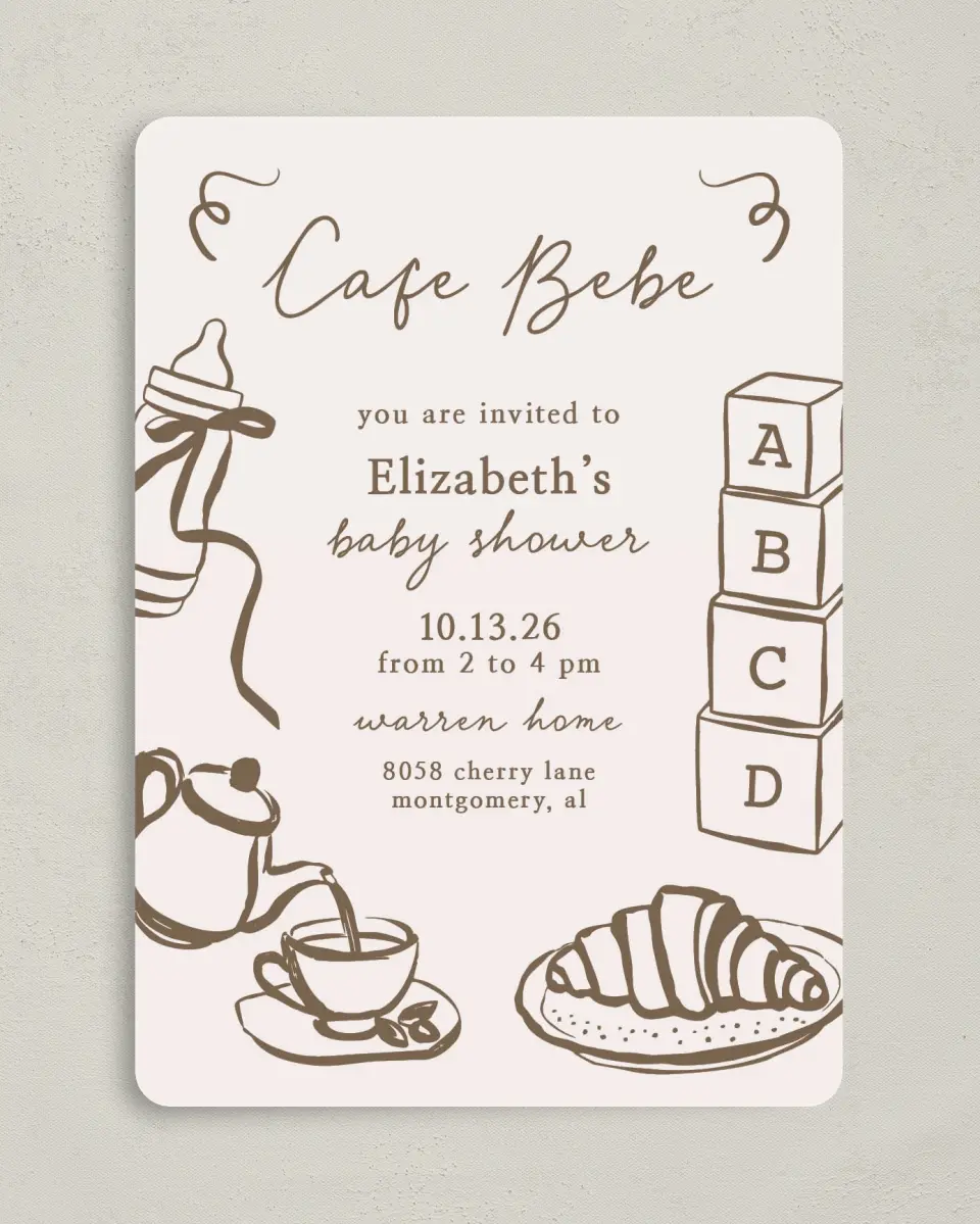 This is a 5" x 7" Baby Shower Invitation called Cafe Bebe printed in full color with Gold foil on Luxe Satin (coated) paper