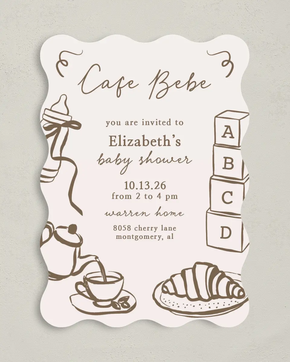 This is a 5" x 7" Baby Shower Invitation called Cafe Bebe printed in full color with Gold foil on Luxe Satin (coated) paper