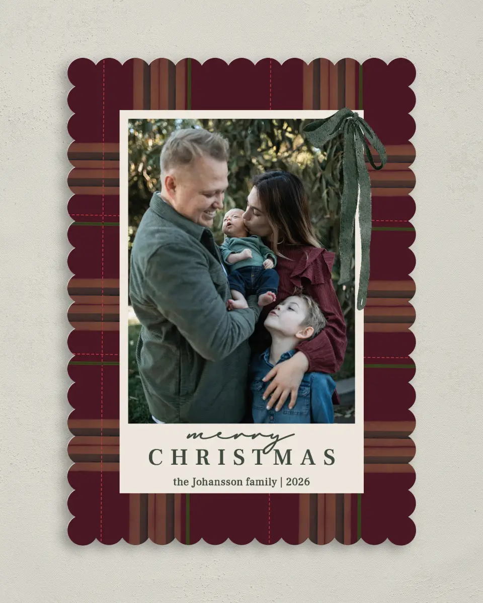 This is a 5" x 7" Christmas Card called Quiet Luxurious Plaid printed in full color with Silver foil on Soft Suede (coated) paper