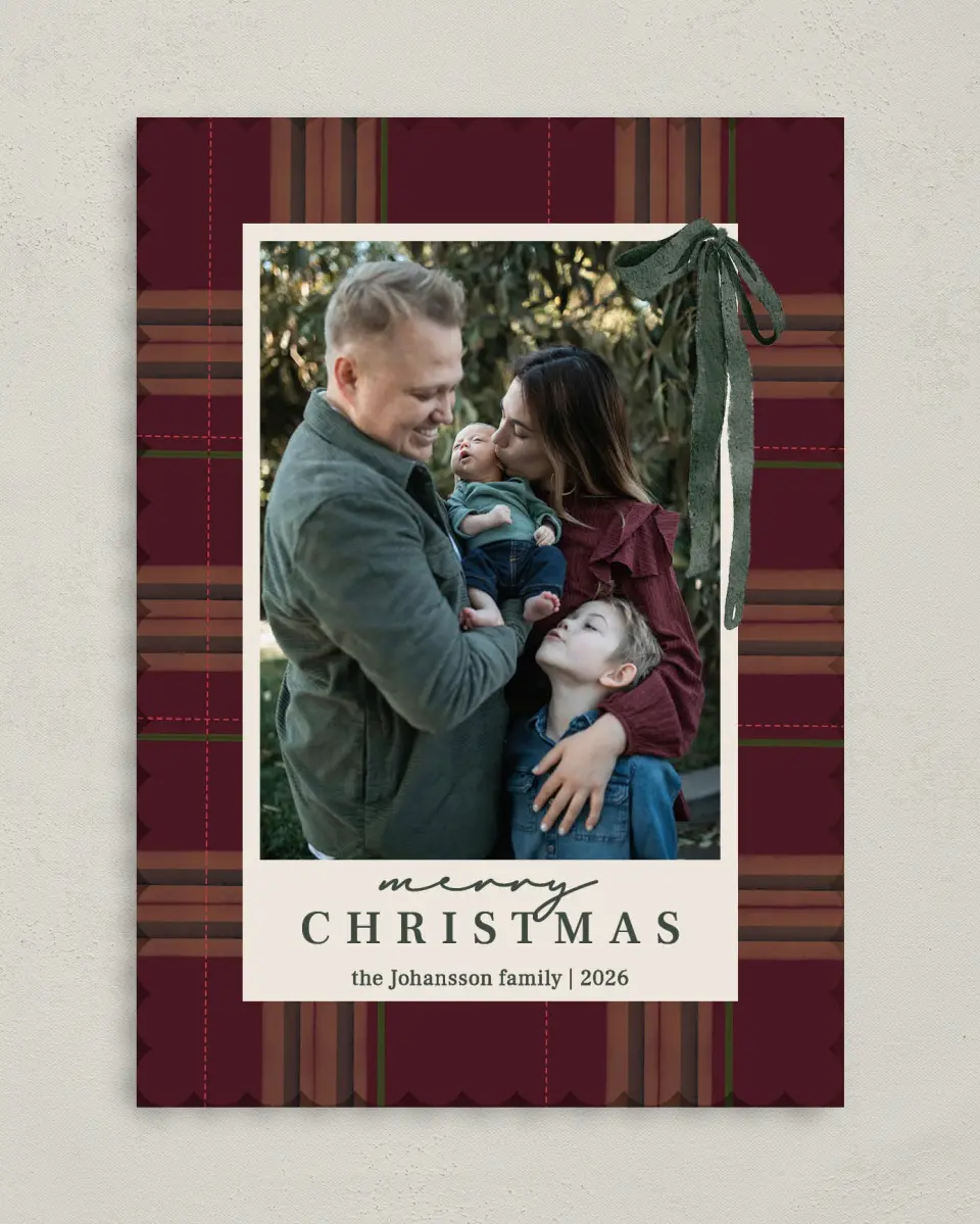 This is a 5" x 7" Christmas Card called Quiet Luxurious Plaid printed in full color on Premium Smooth paper on Premium Smooth paper on Premium Smooth paper