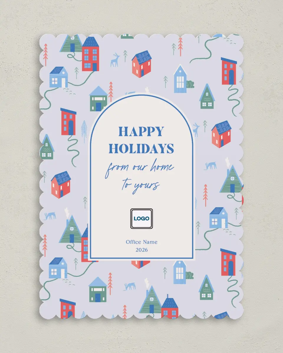This is a 5" x 7" Christmas Card called Cheerful Homes printed in full color on Premium Smooth paper on Premium Smooth paper on Premium Smooth paper
