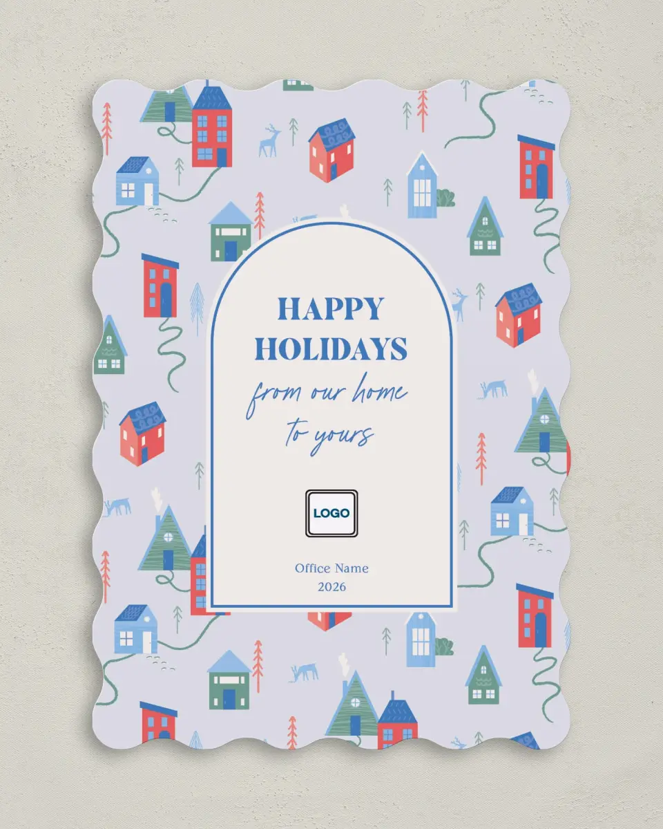 This is a 5" x 7" Christmas Card called Cheerful Homes printed in full color with Rose Gold foil on Soft Suede (coated) paper