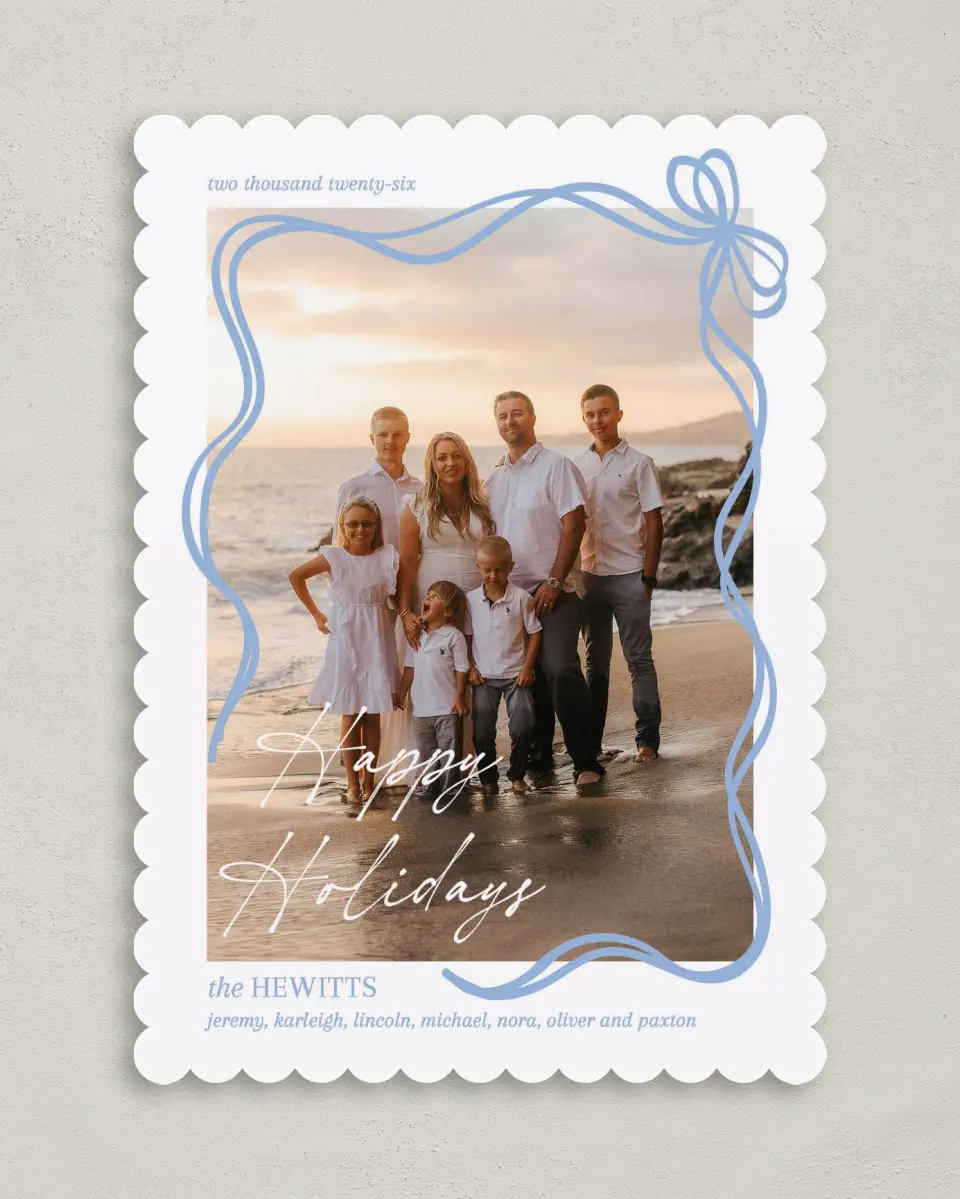 This is a 5" x 7" Christmas Card called Scribbled Ribbon printed in full color on Premium Smooth paper on Premium Smooth paper on Premium Smooth paper