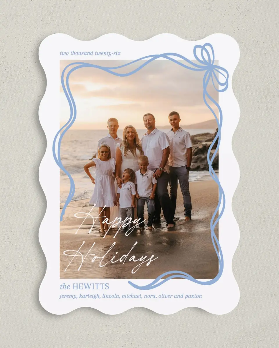 This is a 5" x 7" Christmas Card called Scribbled Ribbon printed in full color on Premium Smooth paper