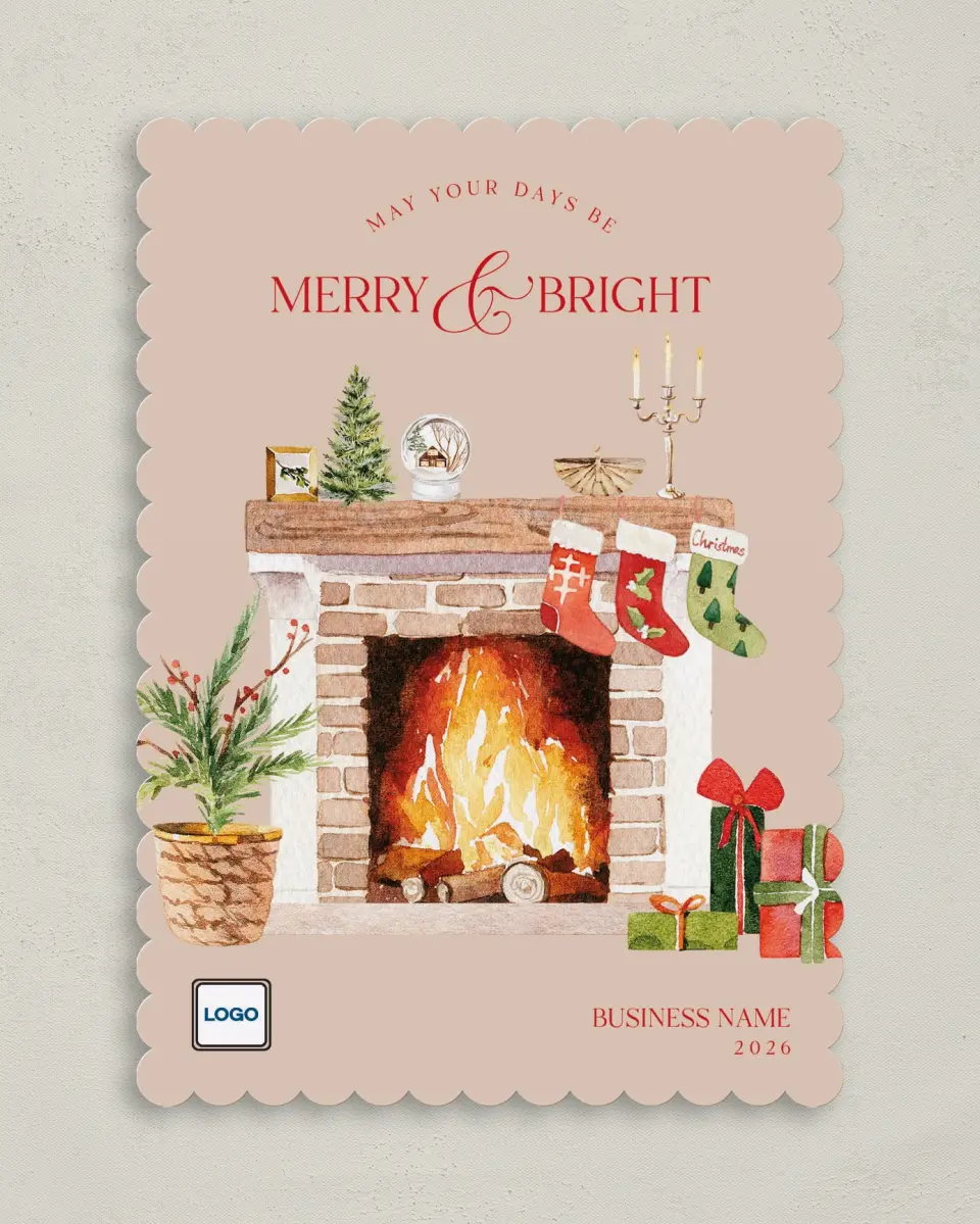 This is a 5" x 7" Christmas Card called Cozy Fireplace printed in full color on Premium Smooth paper on Premium Smooth paper on Premium Smooth paper