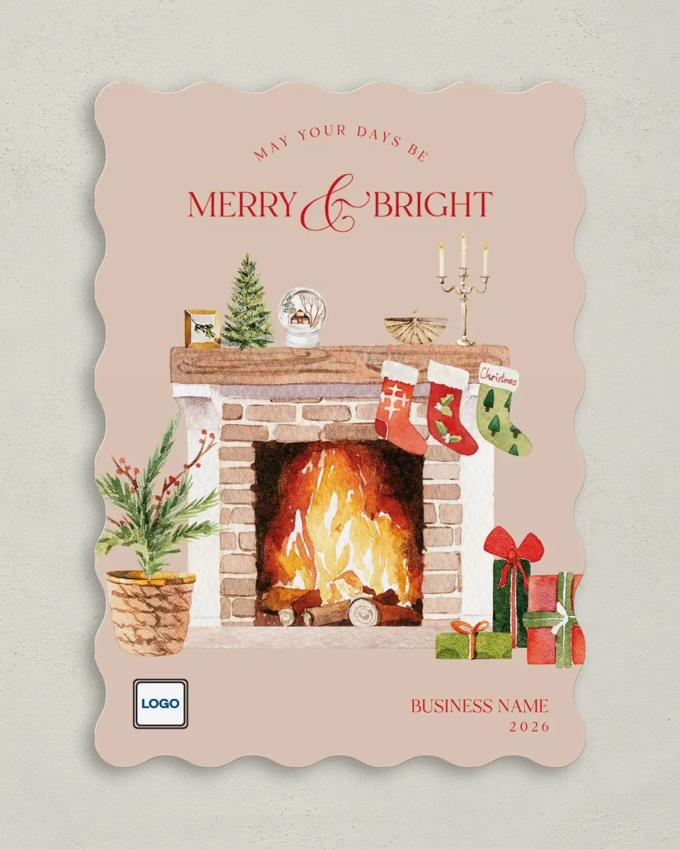 This is a 5" x 7" Christmas Card called Cozy Fireplace printed in full color on Premium Smooth paper