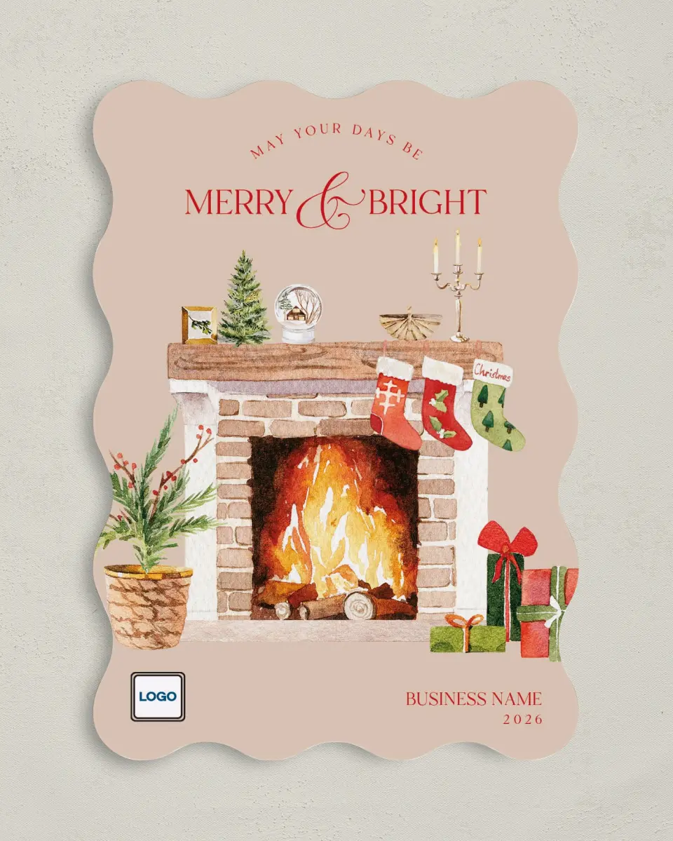 This is a 5" x 7" Christmas Card called Cozy Fireplace printed in full color on Premium Smooth paper