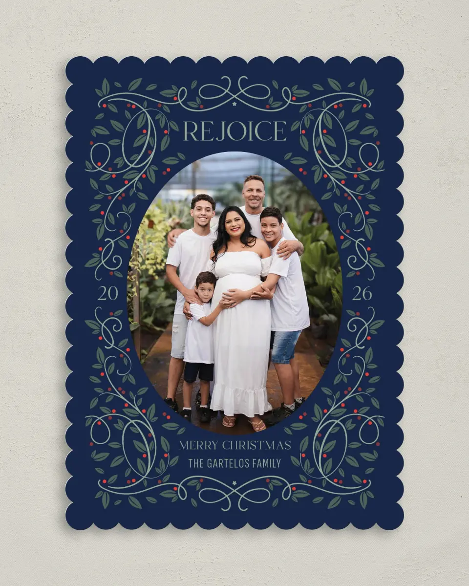 This is a 5" x 7" Christmas Card called Reverent Botanical Frame printed in full color with Silver foil on Soft Suede (coated) paper