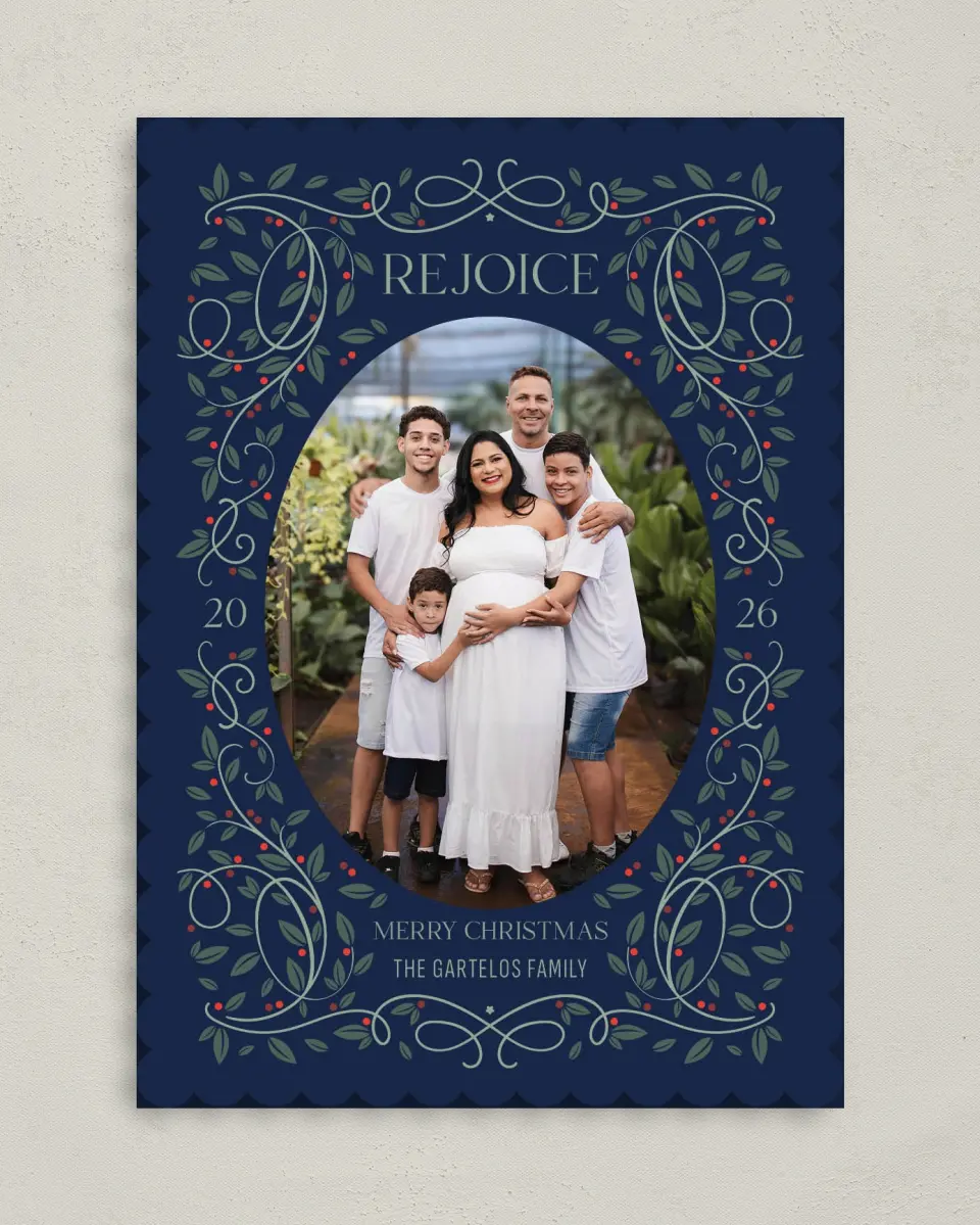 This is a 5" x 7" Christmas Card called Reverent Botanical Frame printed in full color on Premium Smooth paper on Premium Smooth paper on Premium Smooth paper