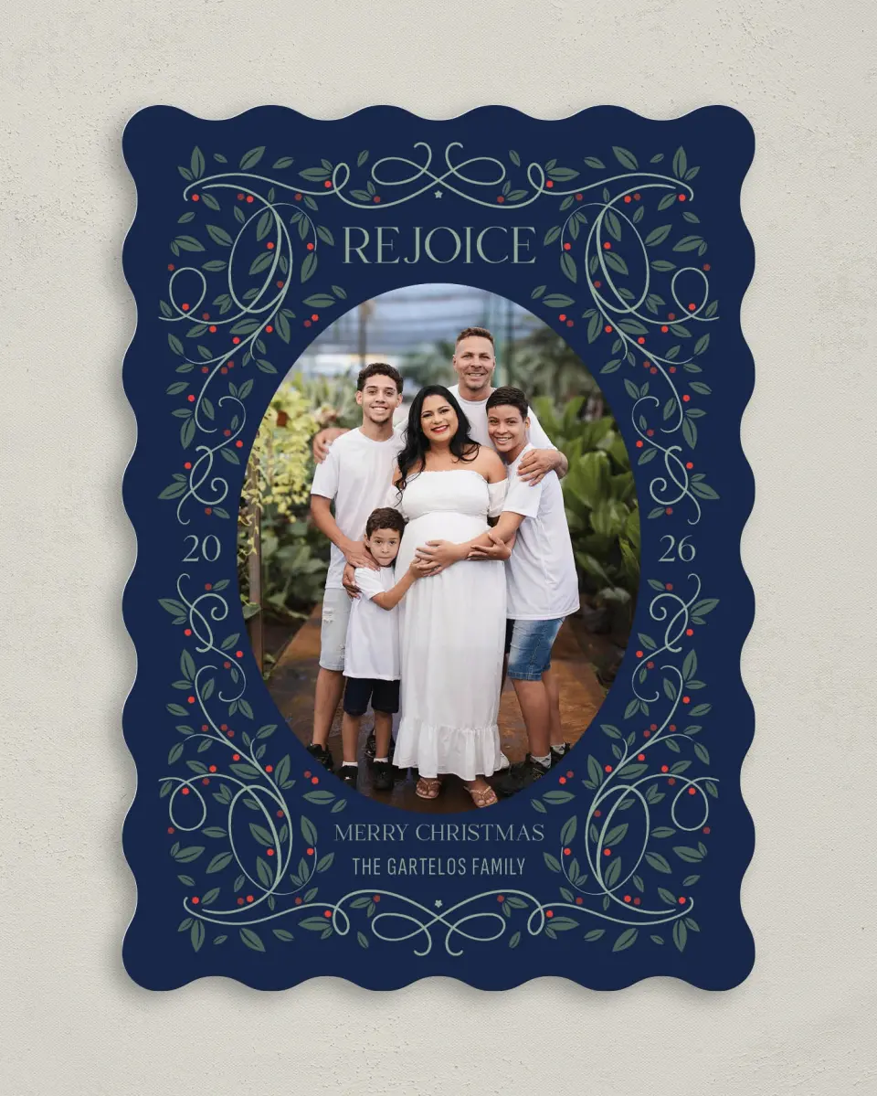 This is a 5" x 7" Christmas Card called Reverent Botanical Frame printed in full color with Gold foil on Soft Suede (coated) paper
