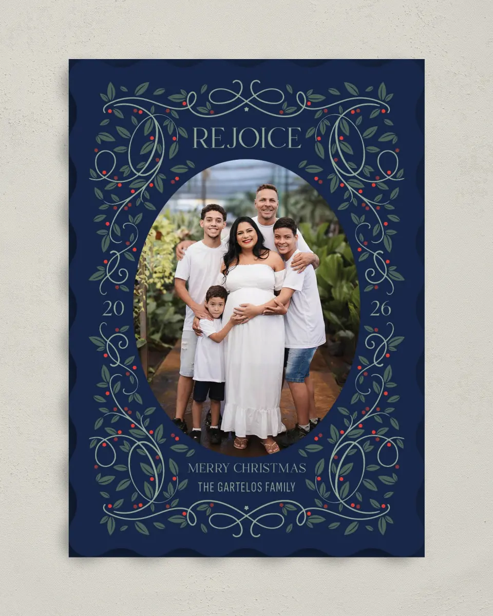 This is a 5" x 7" Christmas Card called Reverent Botanical Frame printed in full color on Premium Smooth paper