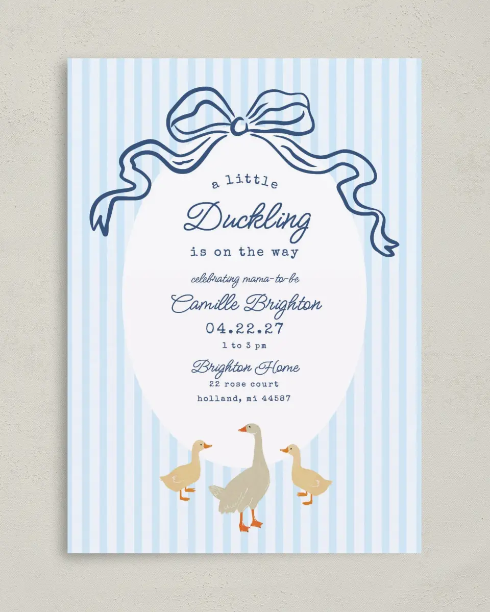 This is a 5" x 7" Baby Shower Invitation called Little Duckling printed in full color with Silver foil on Luxe Satin (coated) paper