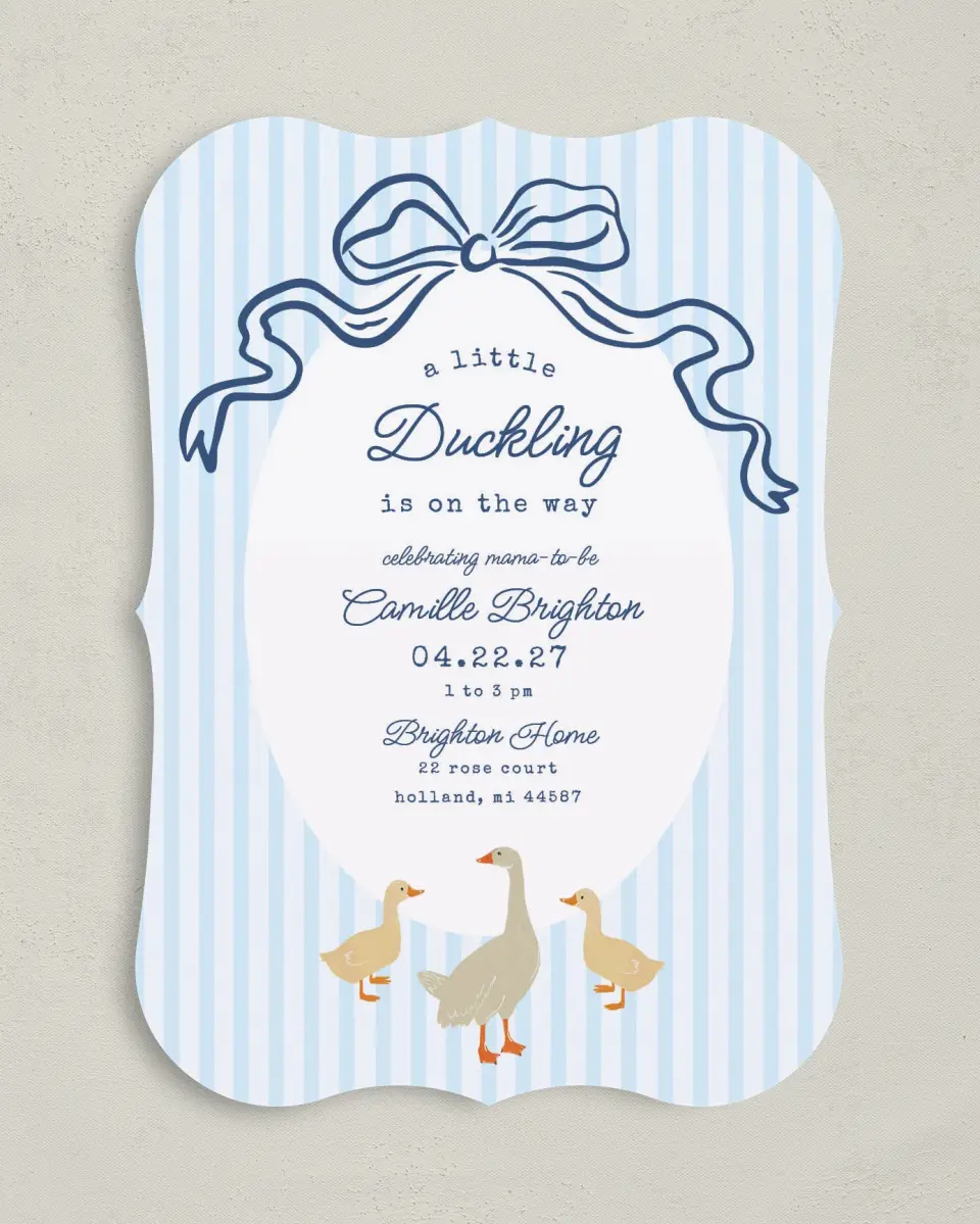 This is a 5" x 7" Baby Shower Invitation called Little Duckling printed in full color on Premium Smooth paper