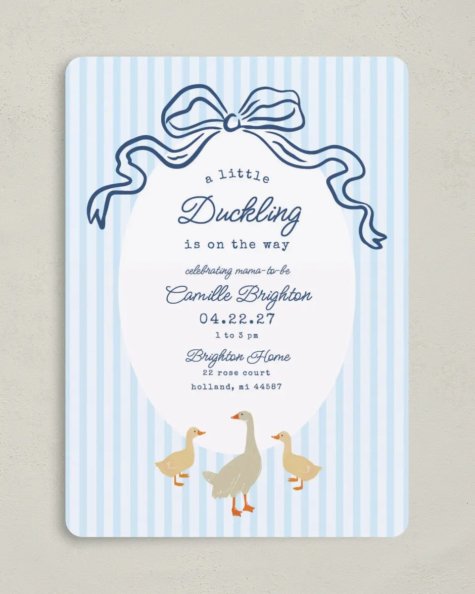 This is a 5" x 7" Baby Shower Invitation called Little Duckling printed in full color with Silver foil on Luxe Satin (coated) paper