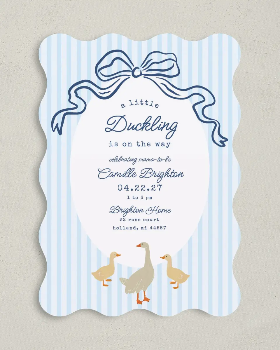 This is a 5" x 7" Baby Shower Invitation called Little Duckling printed in full color on Premium Smooth paper