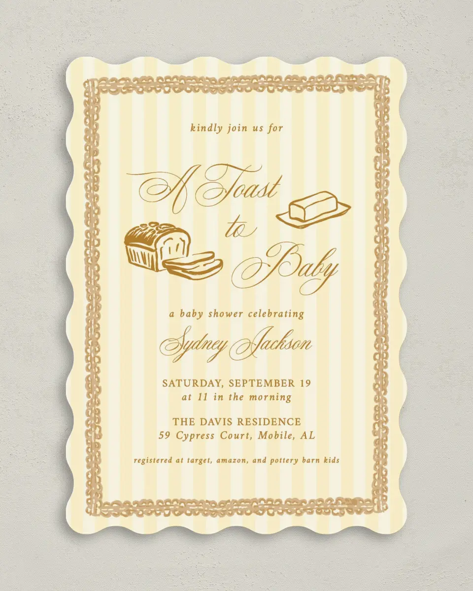 This is a 5" x 7" Baby Shower Invitation called Toast to Baby printed in full color on Premium Smooth paper
