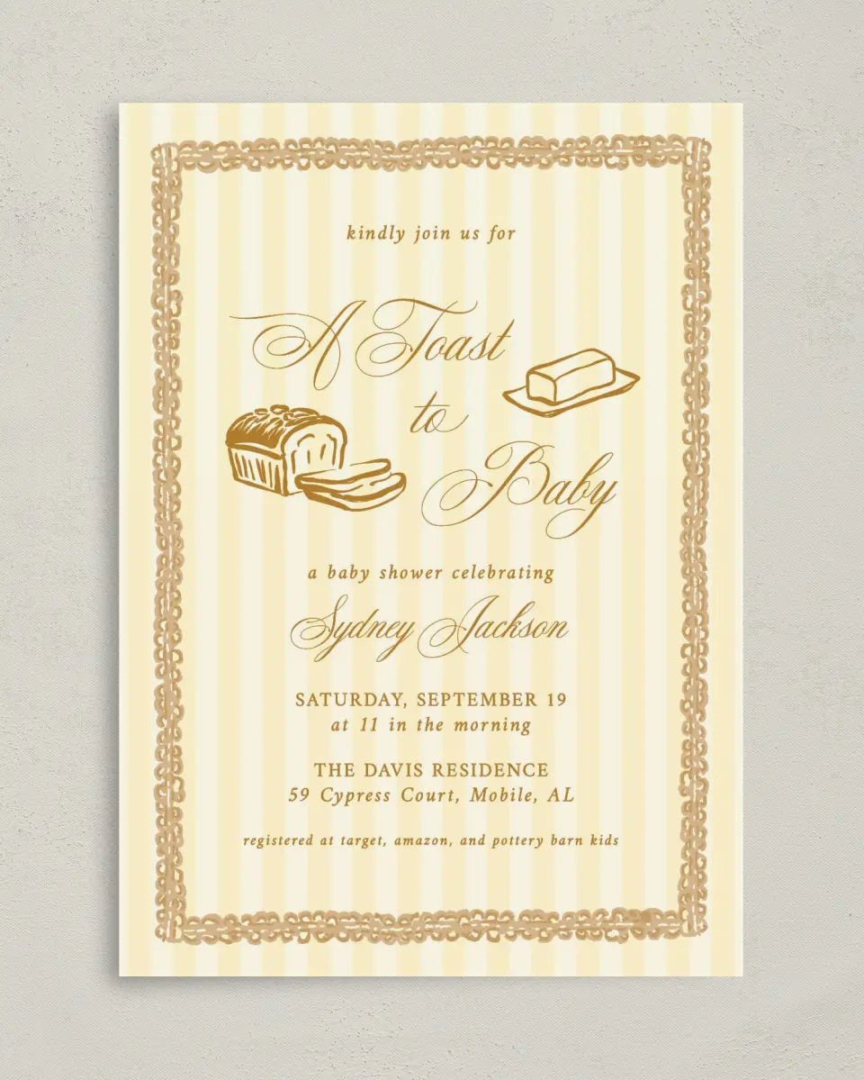 This is a 5" x 7" Baby Shower Invitation called Toast to Baby printed in full color on Premium Smooth paper