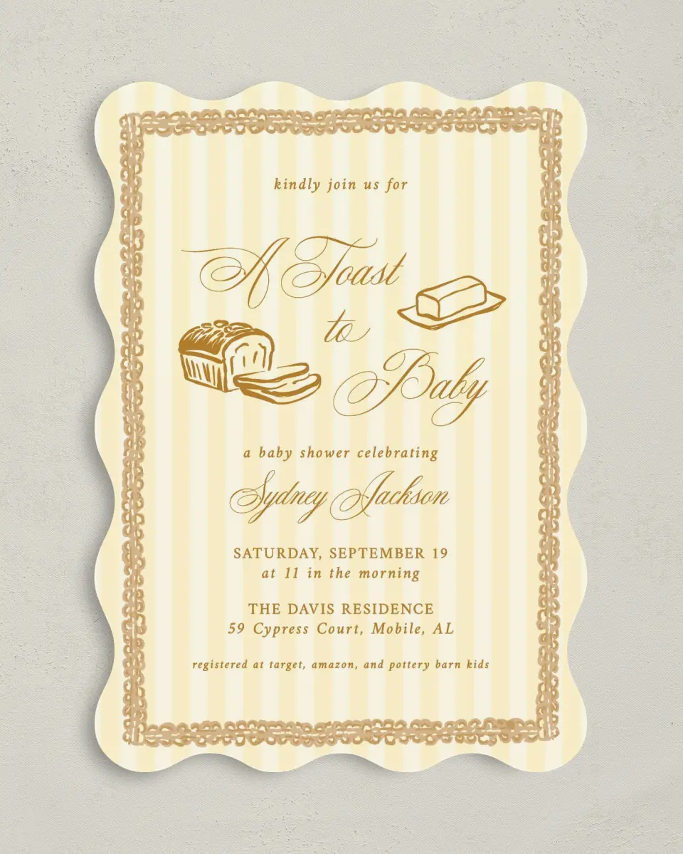 This is a 5" x 7" Baby Shower Invitation called Toast to Baby printed in full color on Premium Smooth paper