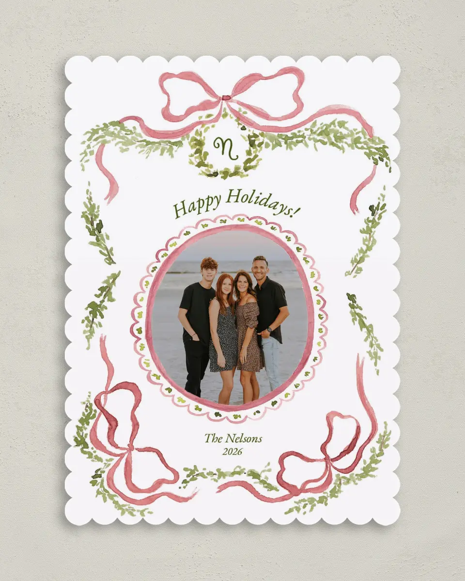 This is a 5" x 7" Christmas Card called Bows and Holly printed in full color on Premium Smooth paper on Premium Smooth paper on Premium Smooth paper
