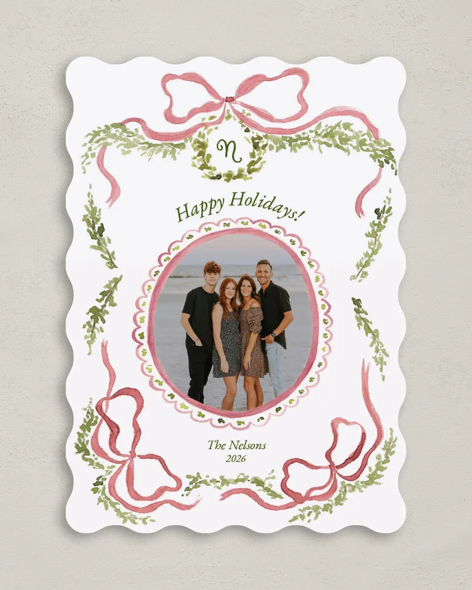 This is a 5" x 7" Christmas Card called Bows and Holly printed in full color on Premium Smooth paper