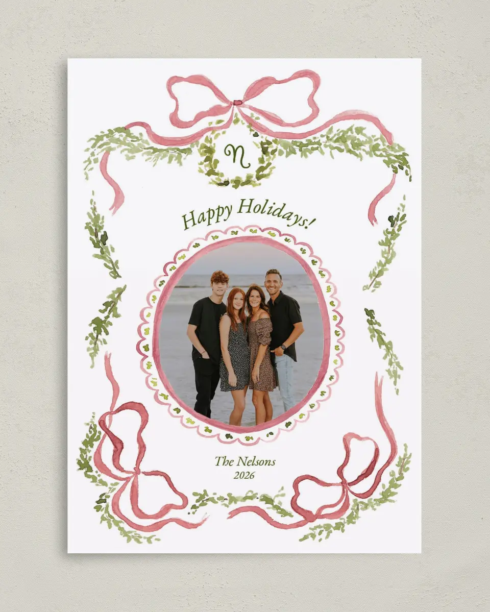 This is a 5" x 7" Christmas Card called Bows and Holly printed in full color on Premium Smooth paper