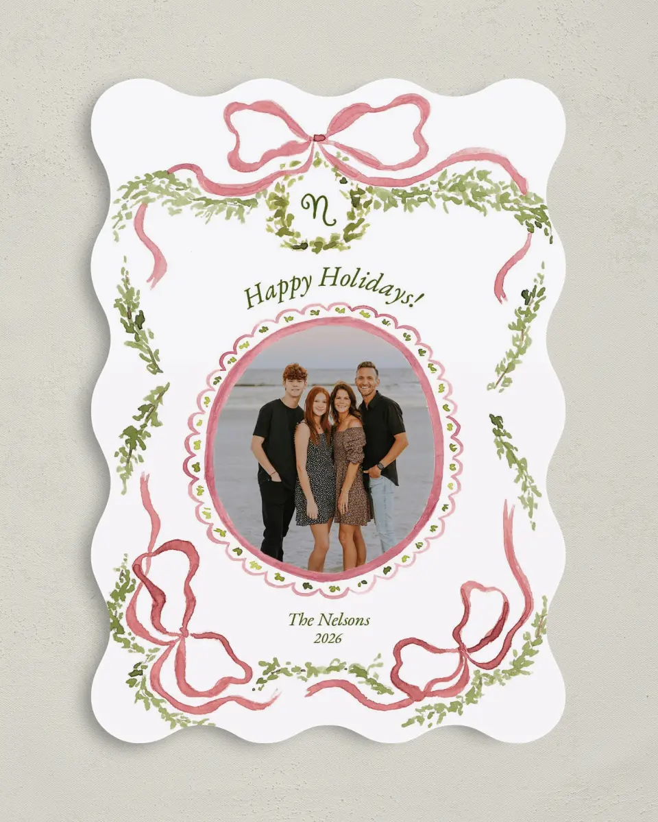 This is a 5" x 7" Christmas Card called Bows and Holly printed in full color on Premium Smooth paper