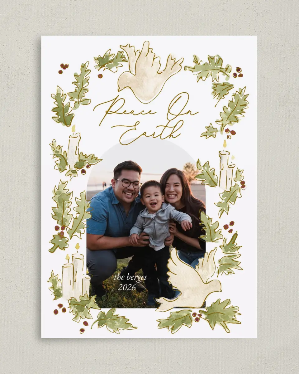 This is a 5" x 7" Christmas Card called Peace Dove printed in full color on Premium Smooth paper