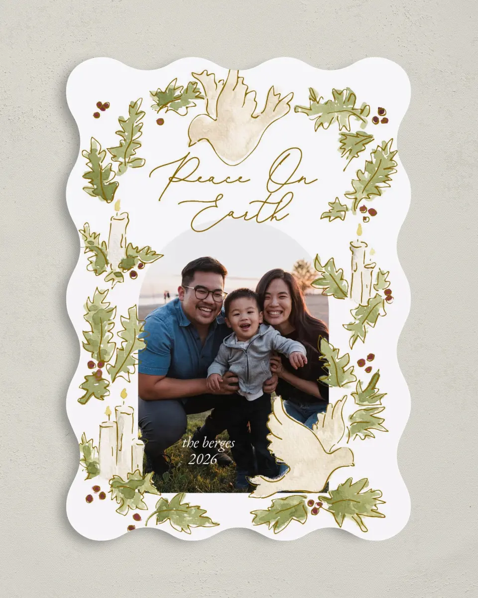 This is a 5" x 7" Christmas Card called Peace Dove printed in full color on Premium Smooth paper