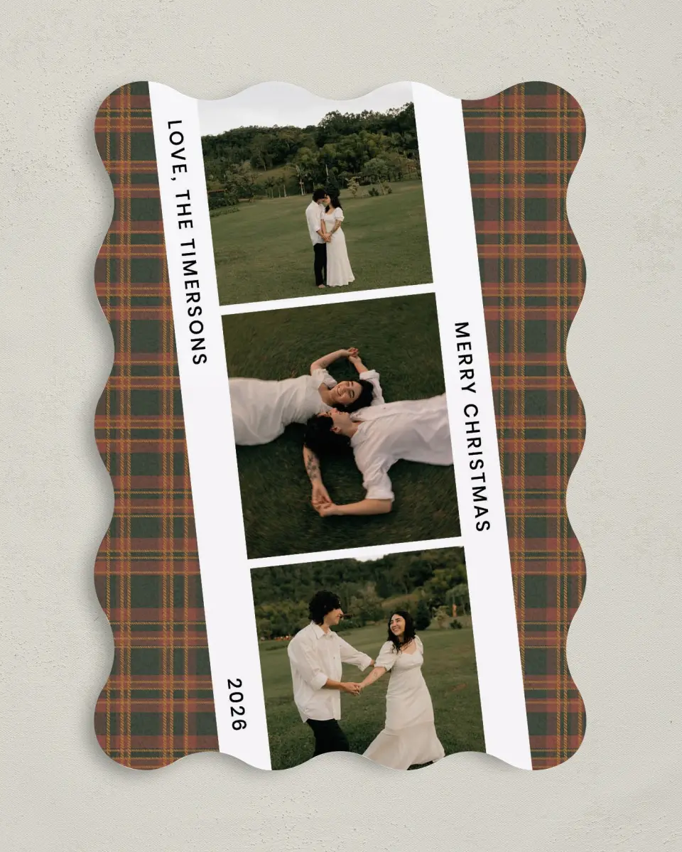 This is a 5" x 7" Christmas Card called Plaid Film Strip printed in full color with Gold foil on Soft Suede (coated) paper
