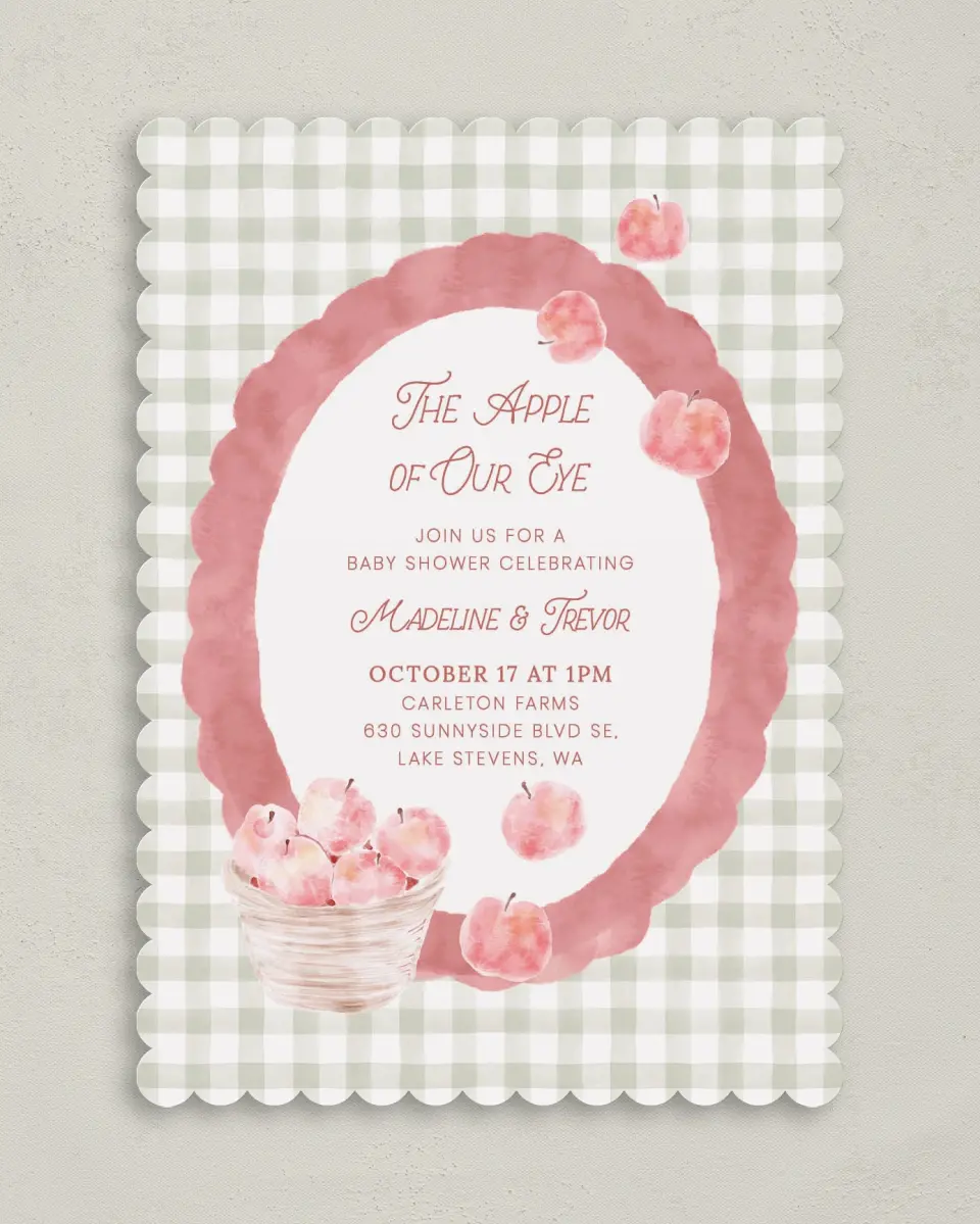 This is a 5" x 7" Baby Shower Invitation called Apple of Our Eye printed in full color on Premium Smooth paper