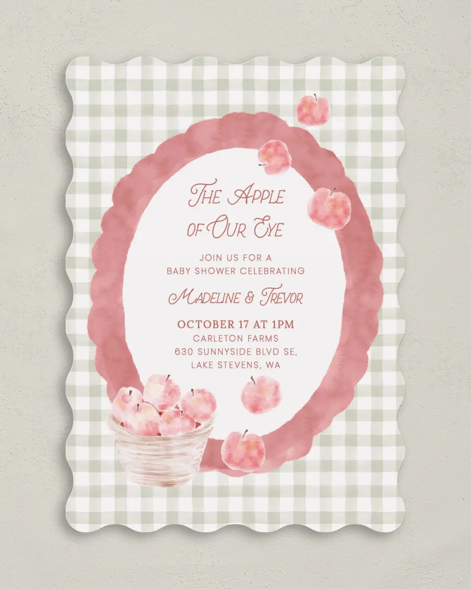 This is a 5" x 7" Baby Shower Invitation called Apple of Our Eye printed in full color on Premium Smooth paper