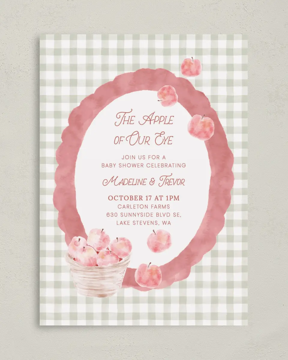 This is a 5" x 7" Baby Shower Invitation called Apple of Our Eye printed in full color on Premium Smooth paper