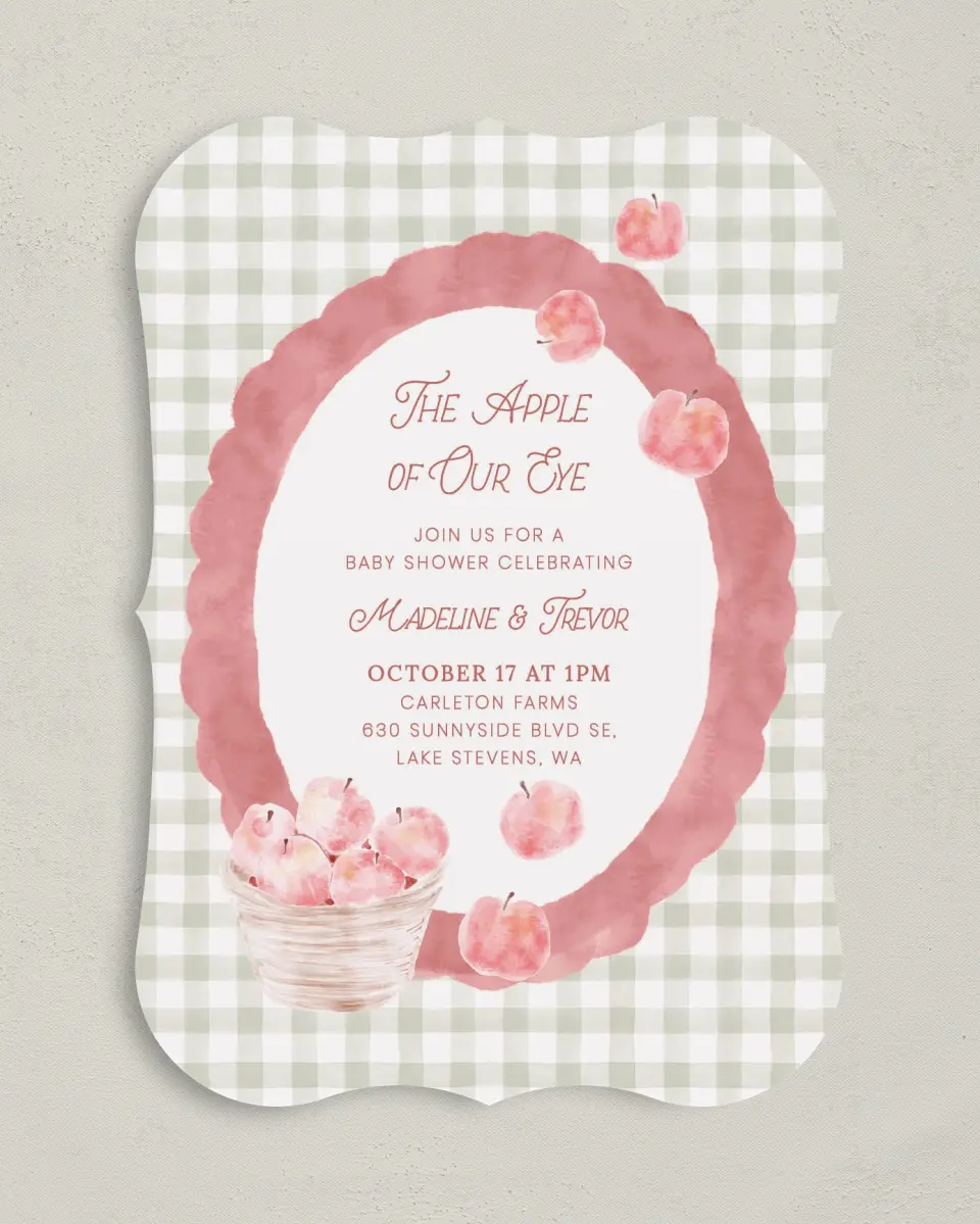 This is a 5" x 7" Baby Shower Invitation called Apple of Our Eye printed in full color on Premium Smooth paper
