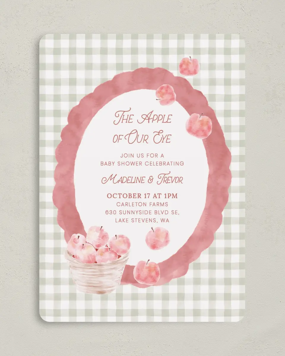 This is a 5" x 7" Baby Shower Invitation called Apple of Our Eye printed in full color on Premium Smooth paper
