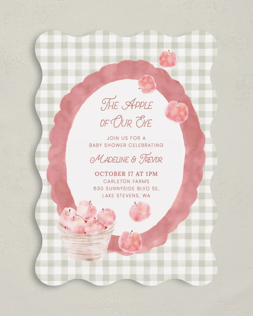 This is a 5" x 7" Baby Shower Invitation called Apple of Our Eye printed in full color on Premium Smooth paper