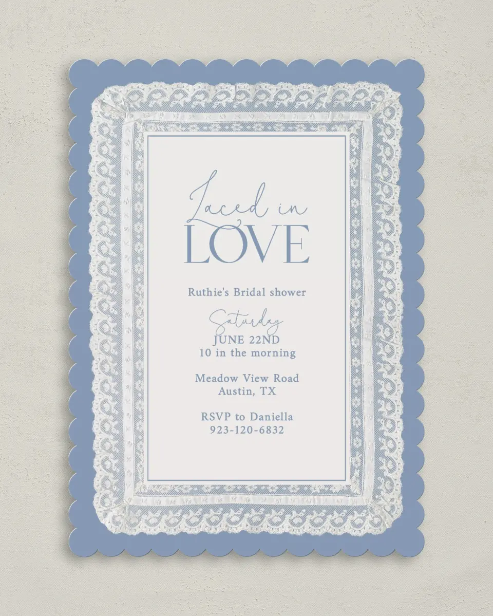This is a 5" x 7" Bachelorette Party Invitation called Laced in Love printed in full color with Rose Gold foil on Luxe Satin (coated) paper