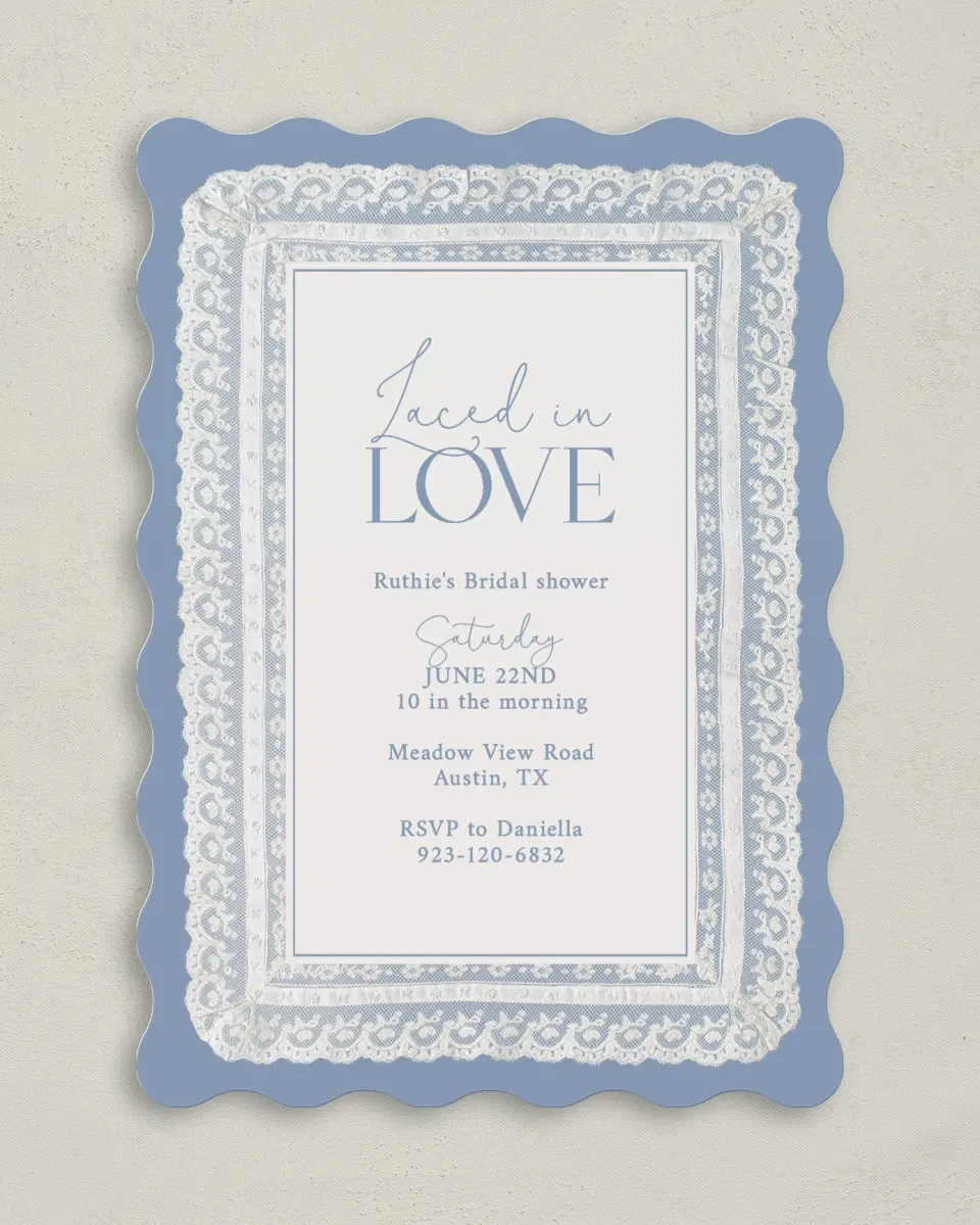 This is a 5" x 7" Bachelorette Party Invitation called Laced in Love printed in full color on Premium Smooth paper