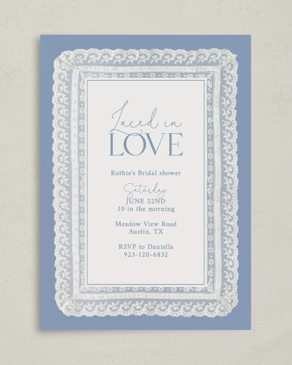 This is a 5" x 7" Bachelorette Party Invitation called Laced in Love printed in full color on Premium Smooth paper