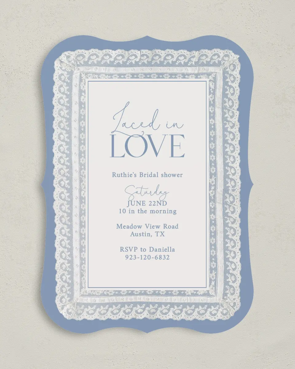 This is a 5" x 7" Bachelorette Party Invitation called Laced in Love printed in full color on Premium Smooth paper