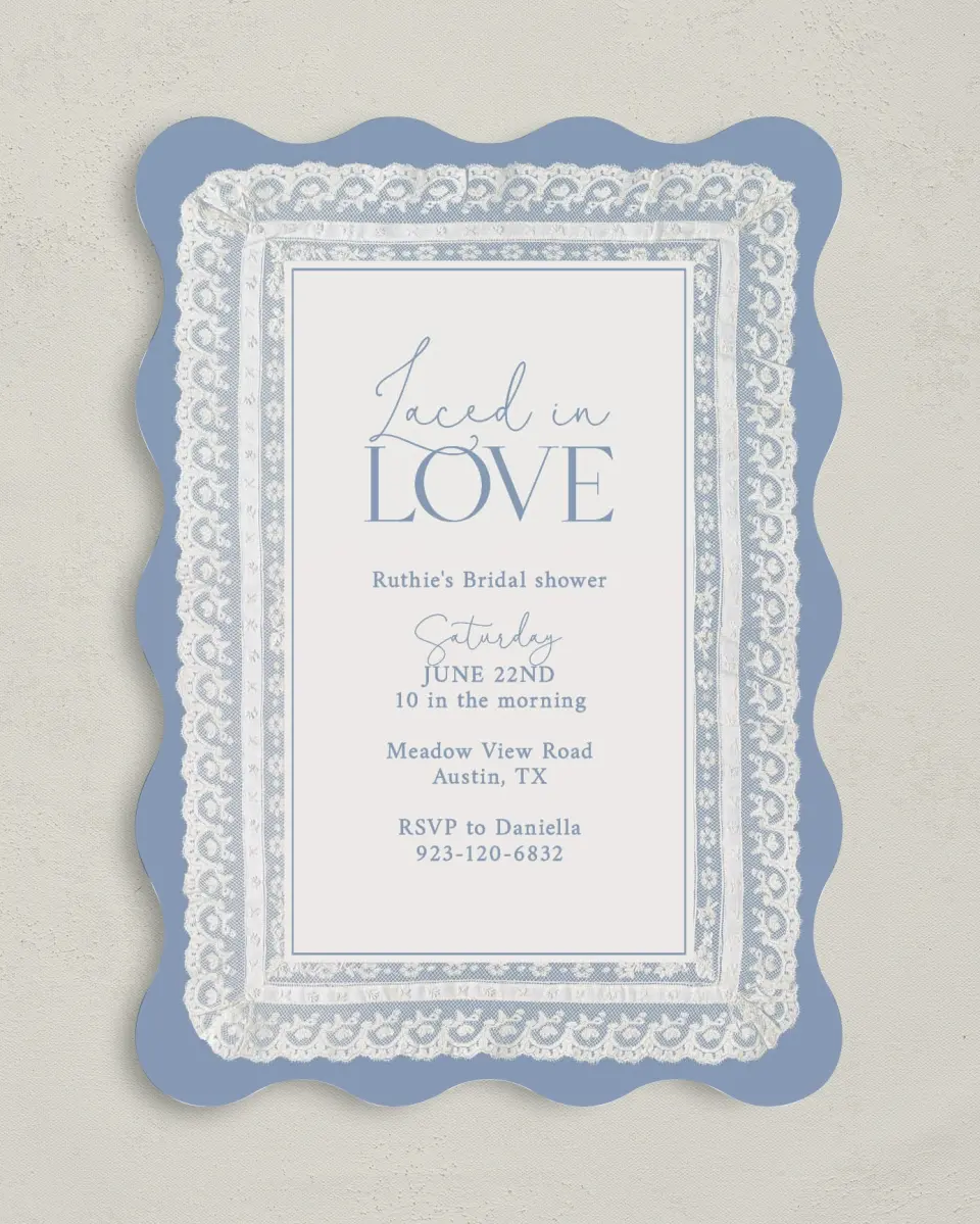 This is a 5" x 7" Bachelorette Party Invitation called Laced in Love printed in full color with Rose Gold foil on Luxe Satin (coated) paper