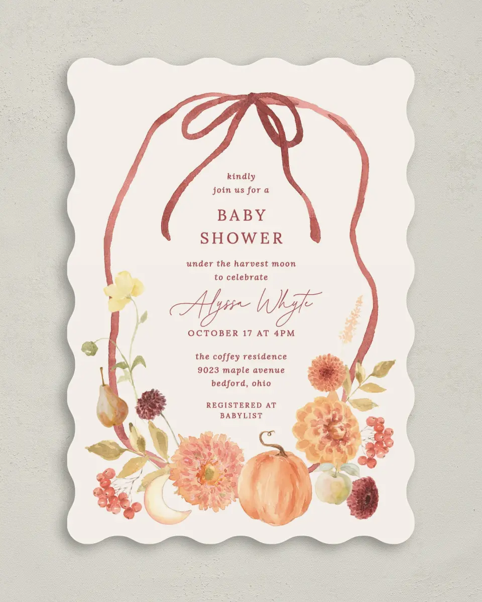 This is a 5" x 7" Baby Shower Invitation called Harvest Moon printed in full color on Premium Smooth paper